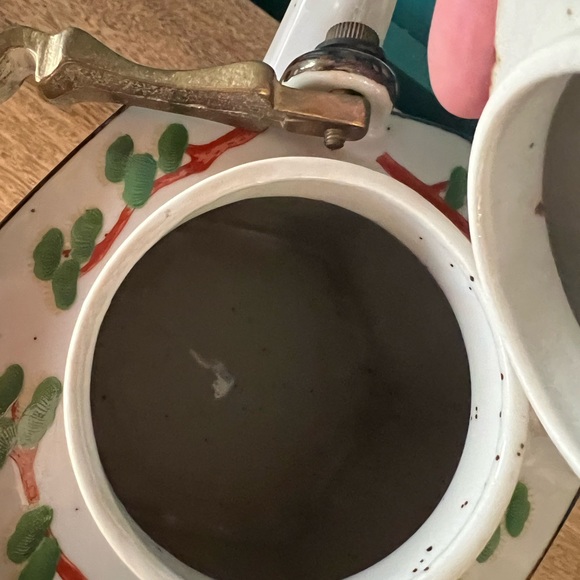 Vintage Japanese Stoneware Hexagon Teapot Brass Handle Chinoiserie People Trees - Picture 10 of 10